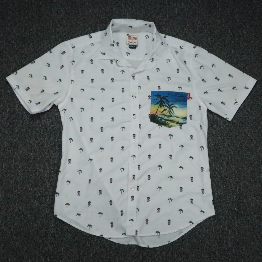 RSVLTS Shirt Mens Medium White Bob Ross Print Short Sleeve Button Novelty